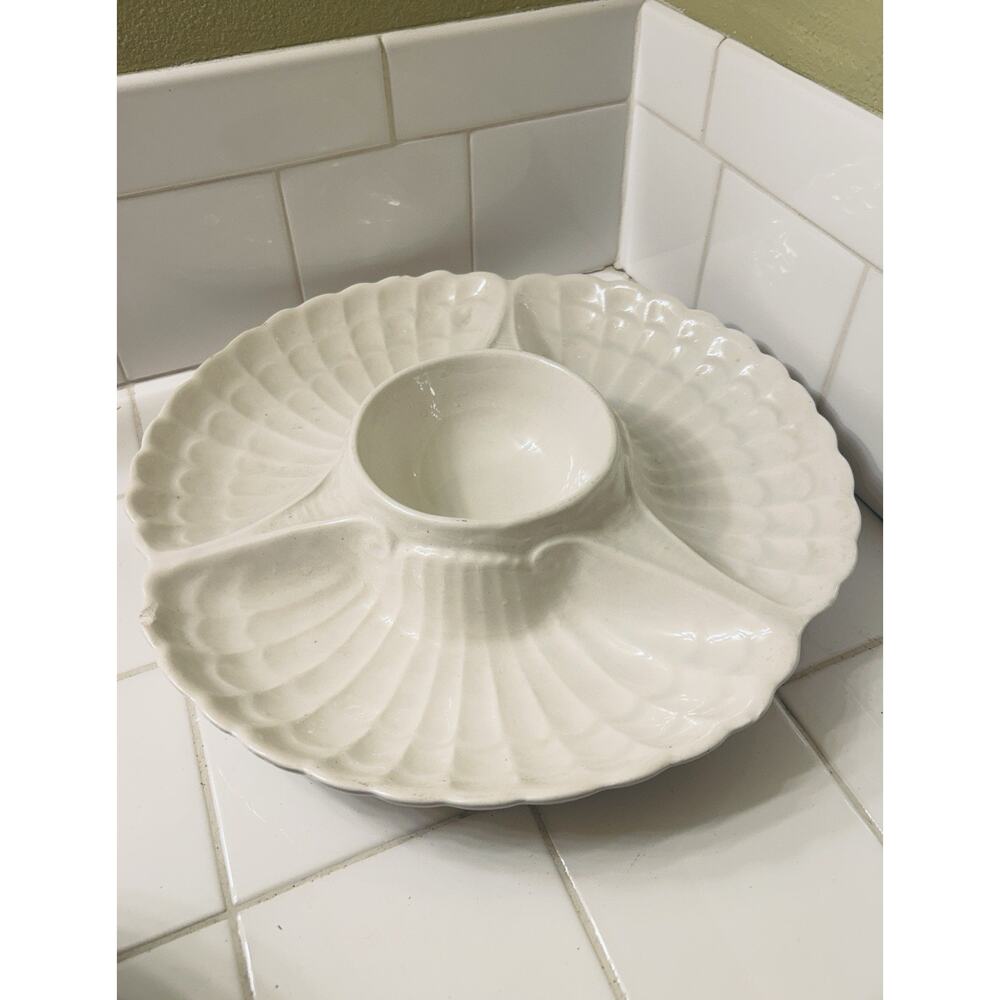 Vintage Ceramic MCM Cal Classics Chip And Dip Dish Serving Set In White Shell